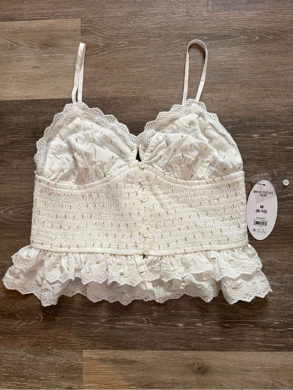 Smocked Eyelet Crop Tank Top with Gold Dot Detail - White